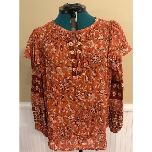 LOFT Tops - LOFT Bouquet Ruffle Tie Neck Blouse in Auburn Lightweight Women's XL long Sleeve